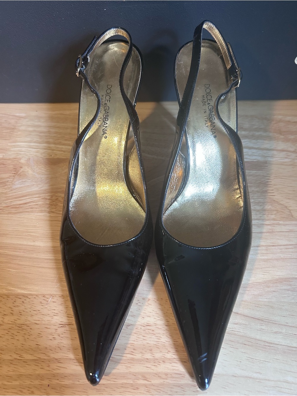 Dolce & Gabbana Black Patent Pointed Slingback Heels with Gold Insole